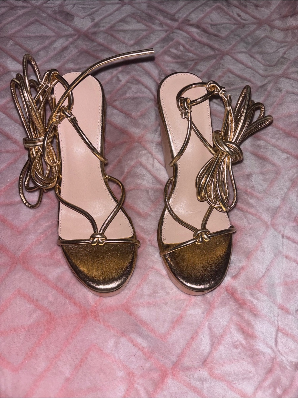 SHEIN Metallic Gold Lace-Up Strappy Heeled Sandals (Wedges)
